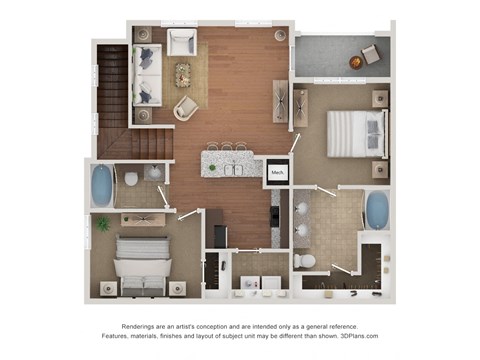 Floor plan for 2 beds, 2 baths, 1087 sqft